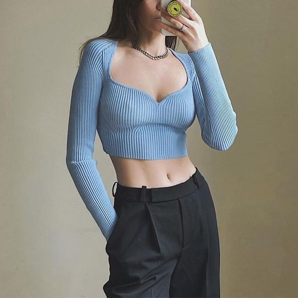 

ribbed slim knitted women sweaters crop pullovers v neck long sleeve lady short streetwear jumpers autumn female, White;black