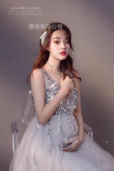 

beading pearl maternity pography long dress full sleeve tulle for po shoot dresses, White