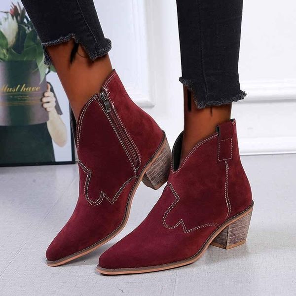 

boots high-heeled cotton thick heel pointed short tube side zipper rubber women suede leather women's shoes, Black