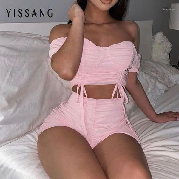 

ruched yissang drawstring ruffles summer suit off shoulder crop and pant sets bodycon 2 piece set women matching set1, Gray