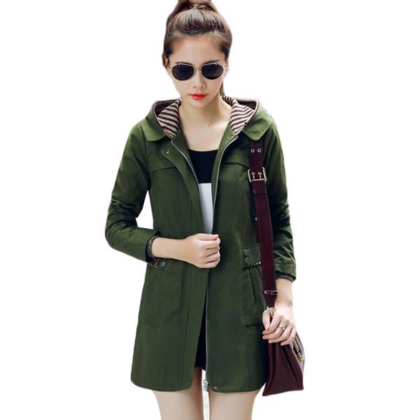 

women's trench coats spring autumn hooded windbreaker overcoat plus size cotton khaki coat female women, Tan;black