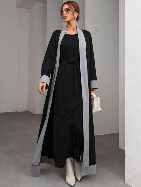 

contrast trim drop shoulder coat & belted dress l3e3#, White