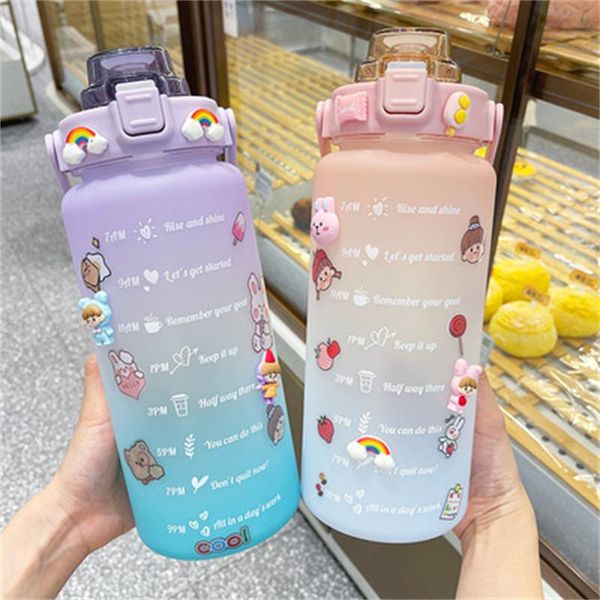 

water bottle 2l large capacity outdoor tour climbing hiking self-driving sport with stickerstime marker fitness jug