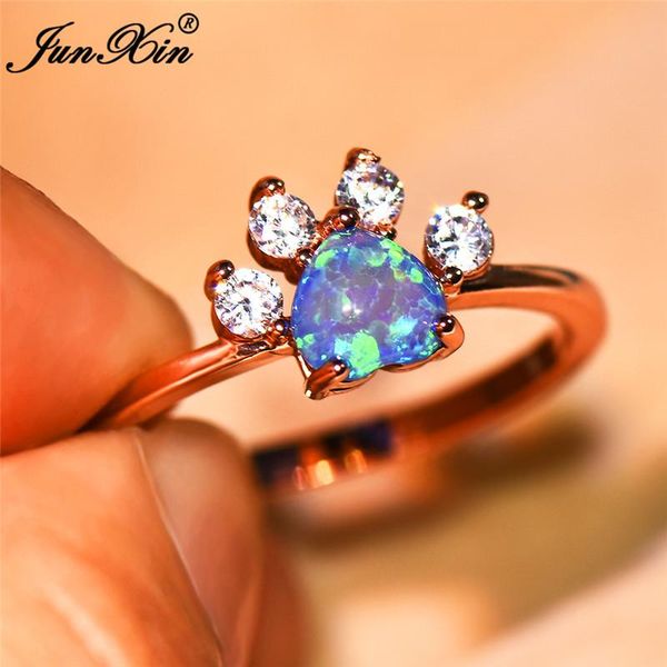

wedding rings luxury female blue/white fire opal heart ring dog cat claw rose gold filled jewelry vintage for women, Slivery;golden