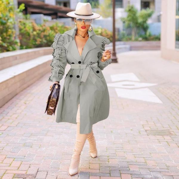 

women's trench coats turn down collar v neck coat women autumn fashion mid long double breasted belted ruffle sleeve loose outerwear, Tan;black