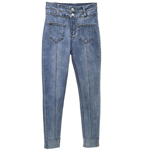 

super high waist abdomen denim jeans female spring korean version large size skinny ankle length pencil pants wq1068 dropship women's, Blue