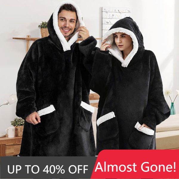 

women fluffy blanket hoodie wearable oversized pocket hooded giant sweat oversize warm hoodies sweatshirts sudadera mujer women's &, Black