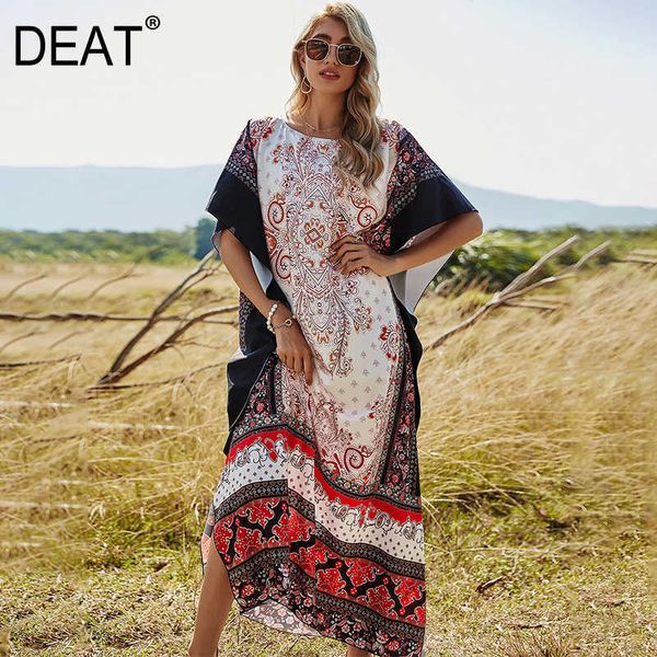 

[deat] summer fashion round neck short sleeve printing loose fit high waist dress women big size 13c636 210527, Black;gray