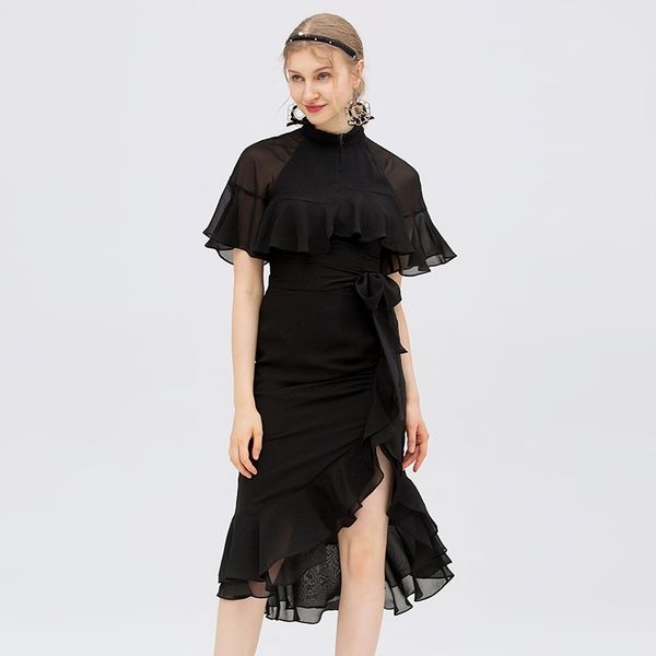 

yigelila new black stand collar irregular ruffle hem slim dress 64078, White;black