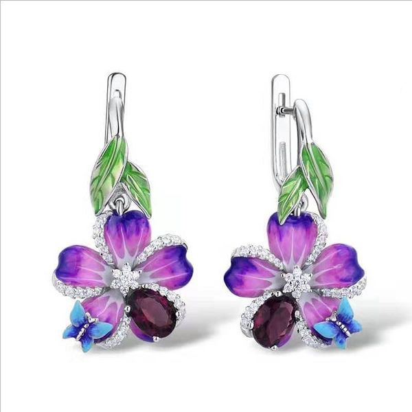 

dangle & chandelier creative bohemian purple enamel butterfly zircon earrings for women fashion flower leaves party cocktail jewelry, Silver