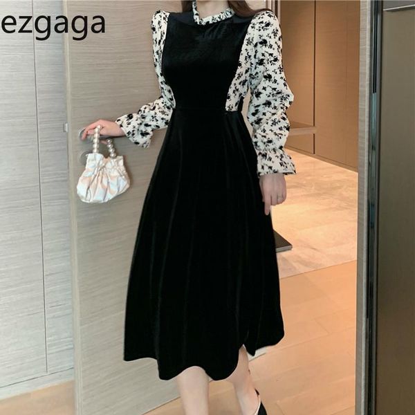 

ezgaga elegant dress women 2021 spring vintage floral printed patchwork velour flare sleeve high waist party vestidos casual dresses, Black;gray