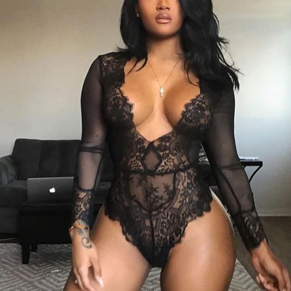 

rx lace pyjama jumpsuit v-neck tight lingerie, Red;black