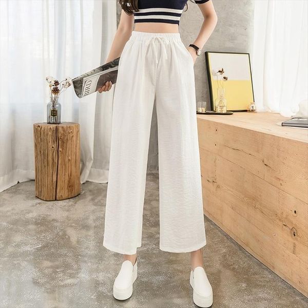 

korean spring summer cotton linen womens pant wide leg high waist drawstring elastic capris trousers women casual ankle length, Black;white