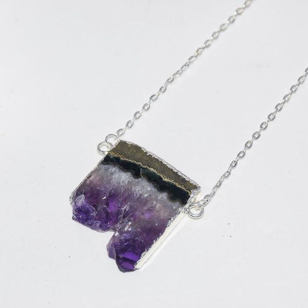 

pendant necklaces natural slice purple crystal quartz geode druzy connector necklace female 2021 charms bezel raw amethysts stone women, Silver