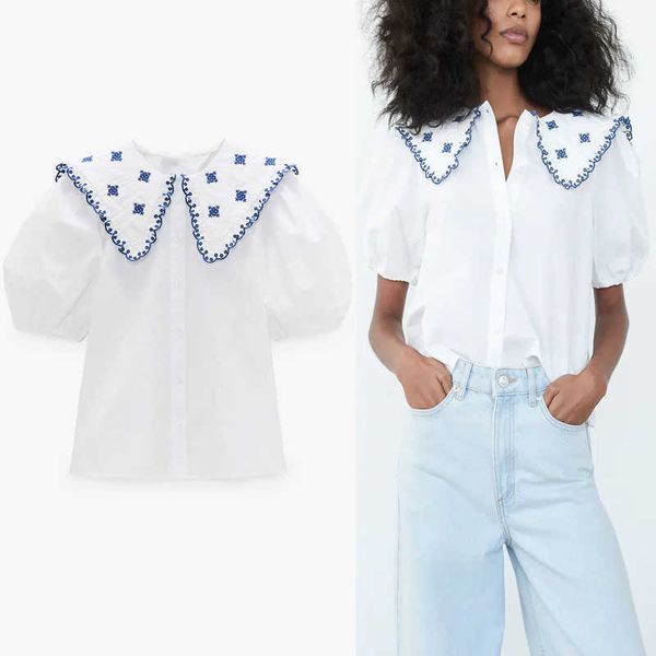 

embroidered za shirt women short puff sleeve openwork embroidery summer blouse feminine chic button up white poplin 210602