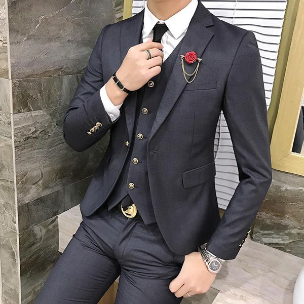 

men's suits & blazers 2021 mens suit 3 pcs set fashion single button solid color wedding dress men slim business banquet formal, White;black