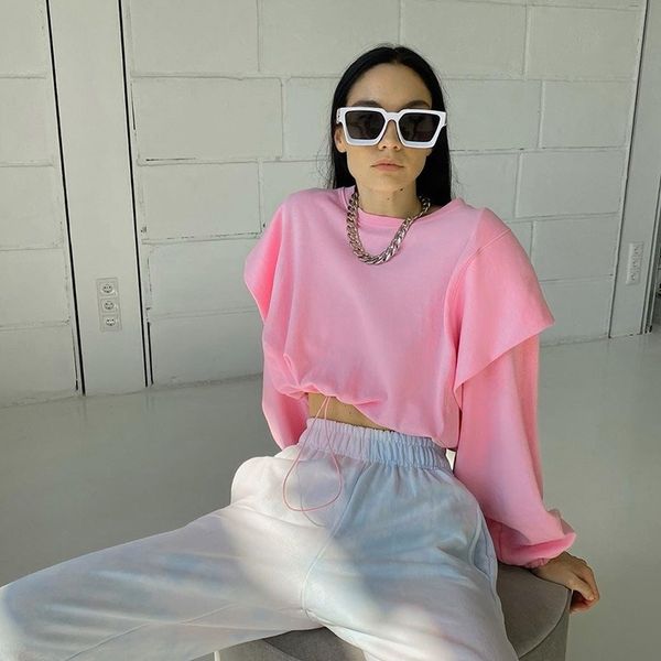 

autumn winter pink white oversized sweatshirt women khaki long puff sleeve ruched casual loose hooded hoodie pullovers 210709, Black