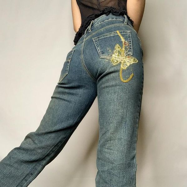 

women's jeans vintage denim trousers women streetwear butterfly print wide leg pants casual baggy straight low waist y2k, Blue