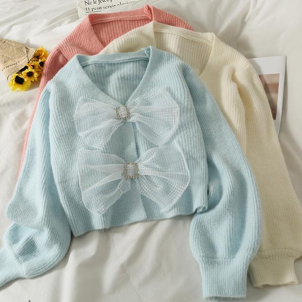 

women's sweaters fresh sweet chic bow patchwork design sweater korean fashion knitted cardigan coat autumn 2021 long sleeve woman, White;black