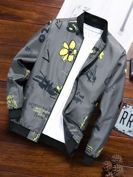 

men letter & graphic print zip-up bomber jacket b3ko#, Black;brown
