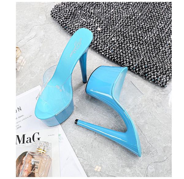 

slippers woman shoes platform mujer sandals 2021 outside summer clear pvc slipper women high heels17cm big size 43, Black