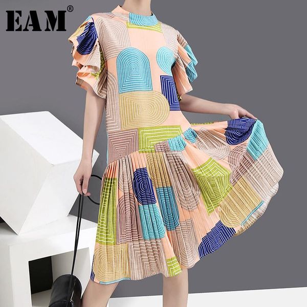 

casual dresses [eam] women pattern printed ruffles midi dress stand collar short sleeve loose fit fashion tide spring summer 2021 1y589, Black;gray