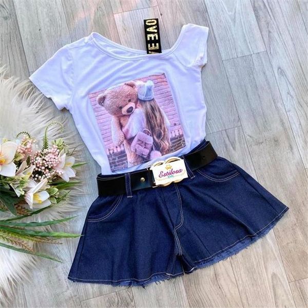

1 6y fashion kids baby girl clothing outfits short sleeve cartoon printed t shirt denim shorts outfit 2pcs, White