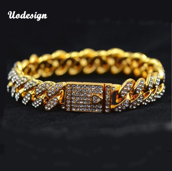 

link, chain miami curb cuban hip hop rapper bracelets for men gold crystal iced out rhinestones magnet clasp bracelet jewelry, Black