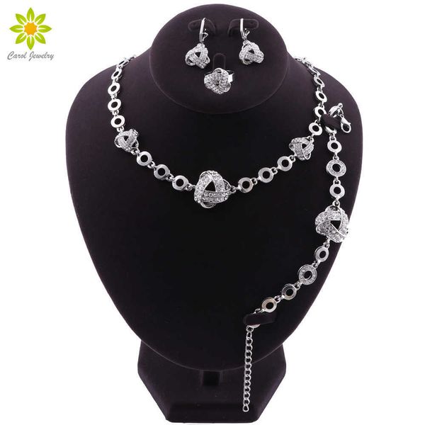 

african fashion costume rhinestone necklace earrings bracelet ring set silver plated wedding bridal costume jewelry set h1022