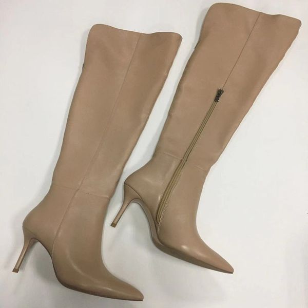 

boots genuine leather thigh high stiletto heel customized color shoes pointed toe party winter women bot 90pk, Black