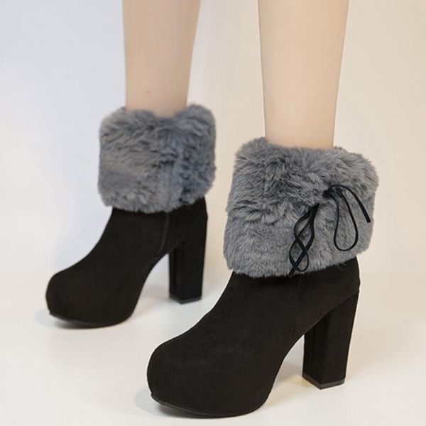 

boots rimocy fluffy faux fur high heels ankle for women 2021 warm short plush winter snow woman plus size platform booties, Black