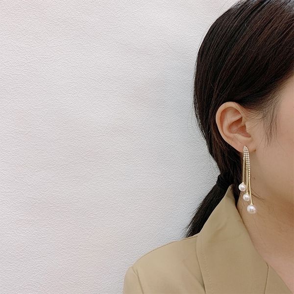 

nh2 s925 pearl stud earringsearrings and earringssilver needle korean red white pearl temperament simple 2020asymmetric zircon tassel, Golden;silver