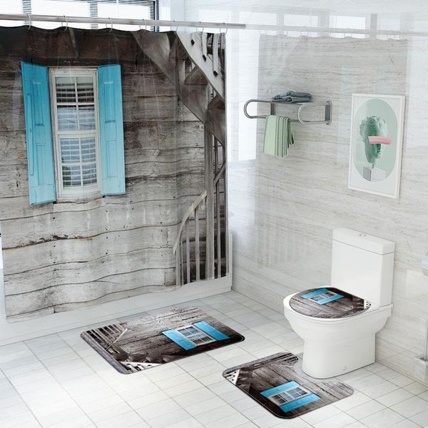 

shower curtains chalet window pattern fabric curtain non-slip bath mats toilet seat cover rug carpets waterproof bathroom decor