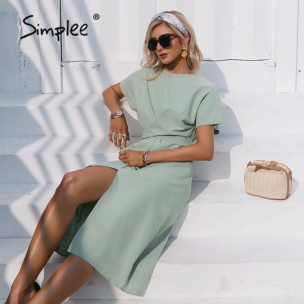 

2021simplee cotton knotted straight women dress casual o neck chic split dress elegant green loose short sleeve ladies midi dress, Black;gray