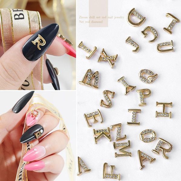 

3pc manicure 26 letter zircon jewelry nail rhinestones art 3d ornament1, Silver;gold