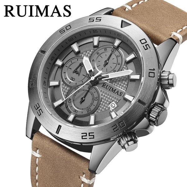 

wristwatches ruimas brand men's watches multi-function chronograph sports watch waterproof luminous calendar belt quartz, Slivery;brown
