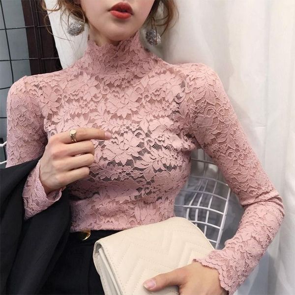 

hollow turtleneck slim fit slimming long sleeves t shirt women's 2021 lace bottoming chic style fashion all match t-shirt, White