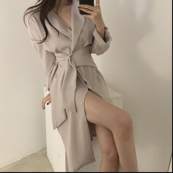 

ol gentle minimalist autumn womens dresses work wear lapel elegant lace up solid brief chic loose female, Black;gray