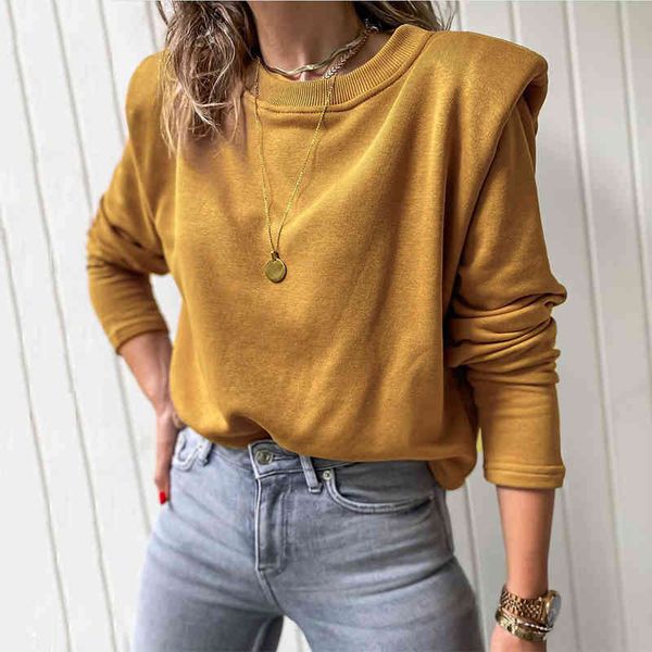 

women round neck long sleeve warm white hoodies autumn winter shoulder pads loose solid female casual sweatershirts 210416, Black