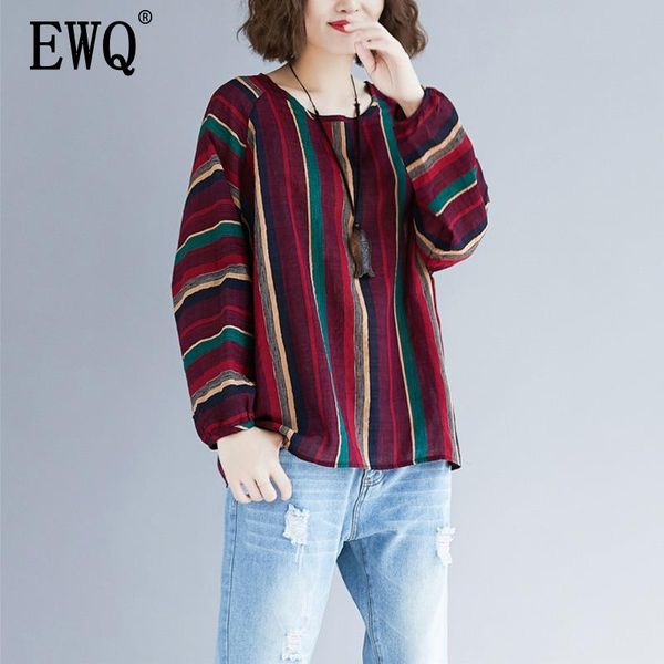 

[ewq] 2021 spring autumn striped full sleeve round collar wild loose over size casual fashion women's pullover sweater tx567 sweaters, White;black