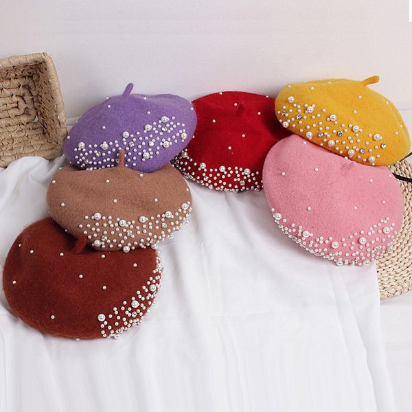 

luxury wool baby hat with pearls rhinestone winter kids caps girls beret hats children princess adjustable cap 2-5y, Yellow