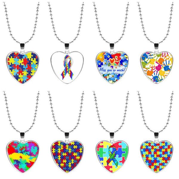 

chains autism awareness time gem heart necklace puzzle fashion pendant christmas gift, Silver