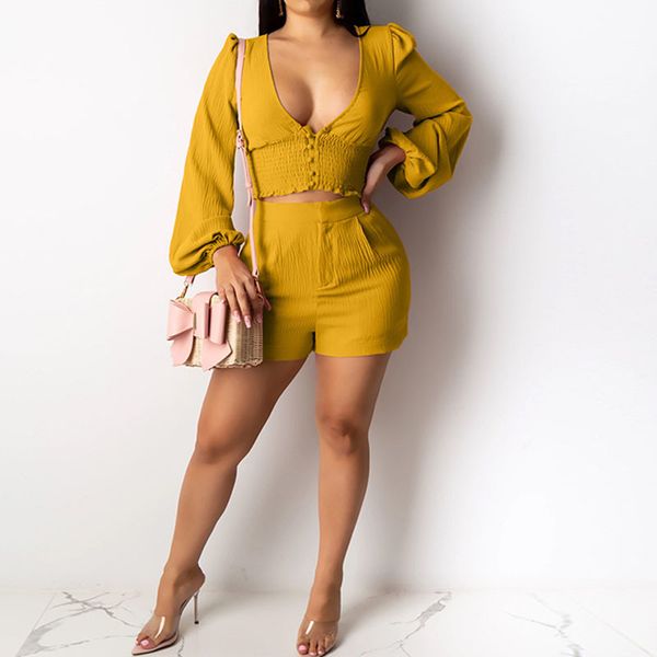 

women two short piece set women v neck long lantern sleeve crop and shorts 2 piece set outfits 210521, White