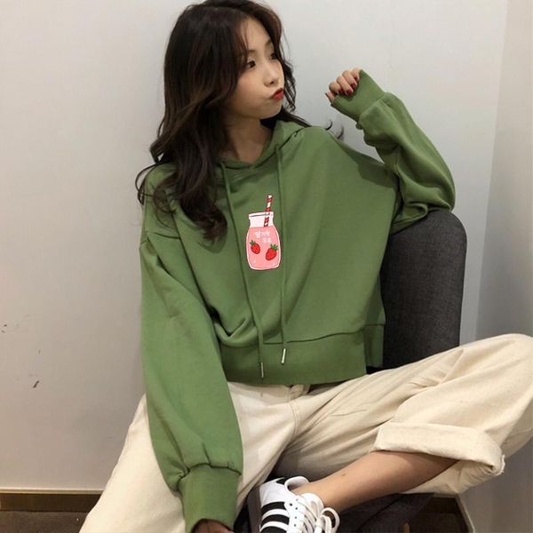 

autumn short sweatshirt women long sleeves strawberry milk bottle print hoodie girl japanese ulzzang pullovers cotton jumper women's ho, Black