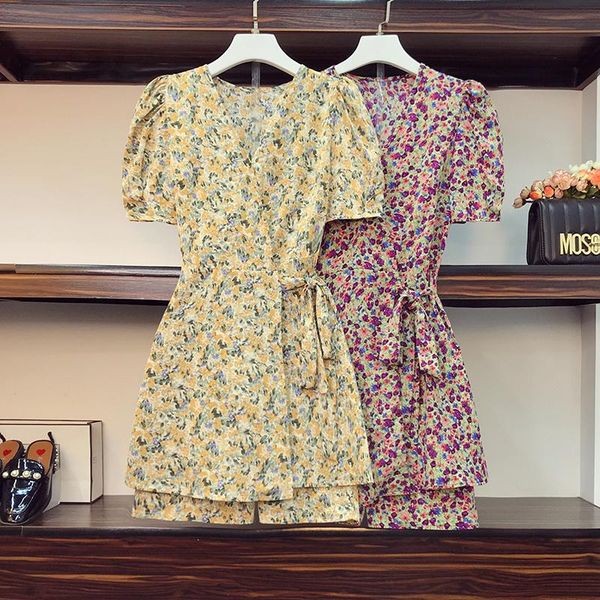 

women's tracksuits plus size summer floral print chiffon dresses for women short sleeve high waist lace up bow midi dress and shorts su, Gray
