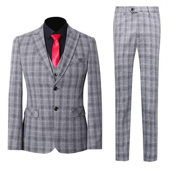

men's suits & blazers male checking fine suit fitting unique lapel spike breasted two checkered buttons three pieces business party lig, White;black