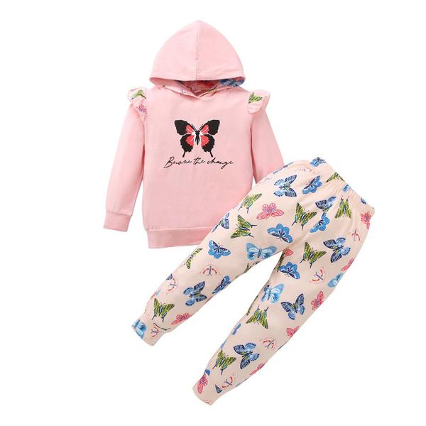 

clothing sets 2021 est girls fashion butterfly print long sleeve hooded with ruffles+elastic waist trousers clothes set, White