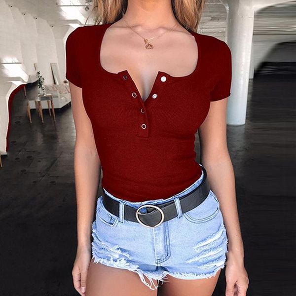 

women's t-shirt summer deep v neck slim short sleeved camiseta feminina t shirt solid color button wild, White