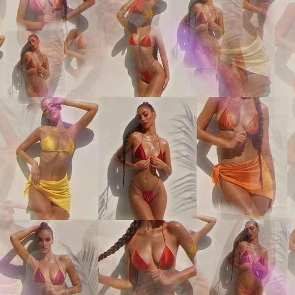 

women's swimwear summer bikini set 3 piece solid bandage satin swimsuit women beachwear biquini 2021 bathing suits, White;black