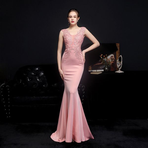 

evening dresses for women v-neck beading sweep train dress long appliques mermaid gowns, Black;red